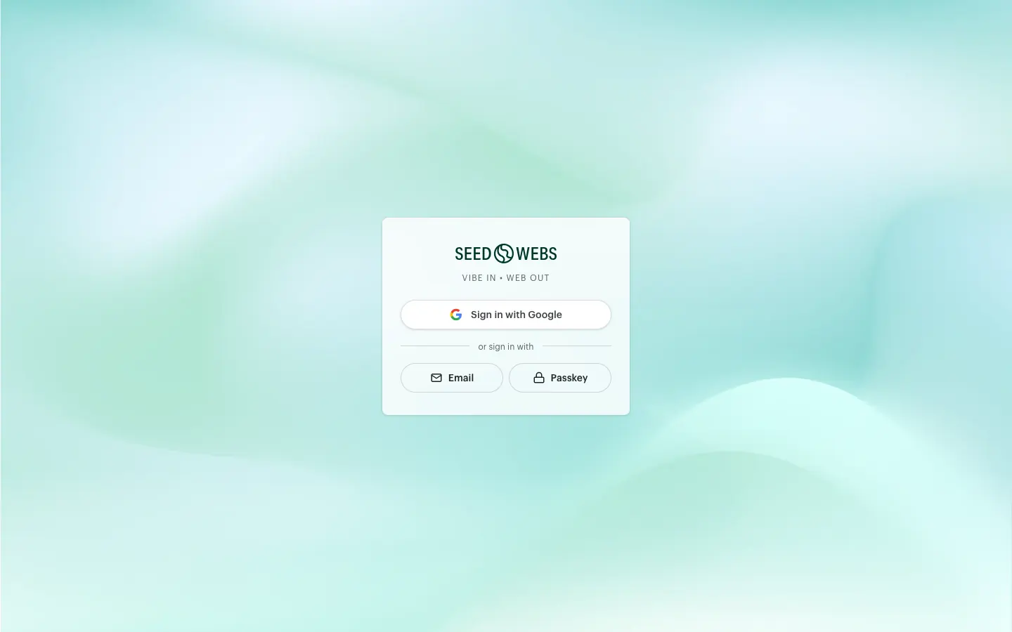 The seedwebs.com sign-in page with the Sign in with Google button and the Email and Passkey options