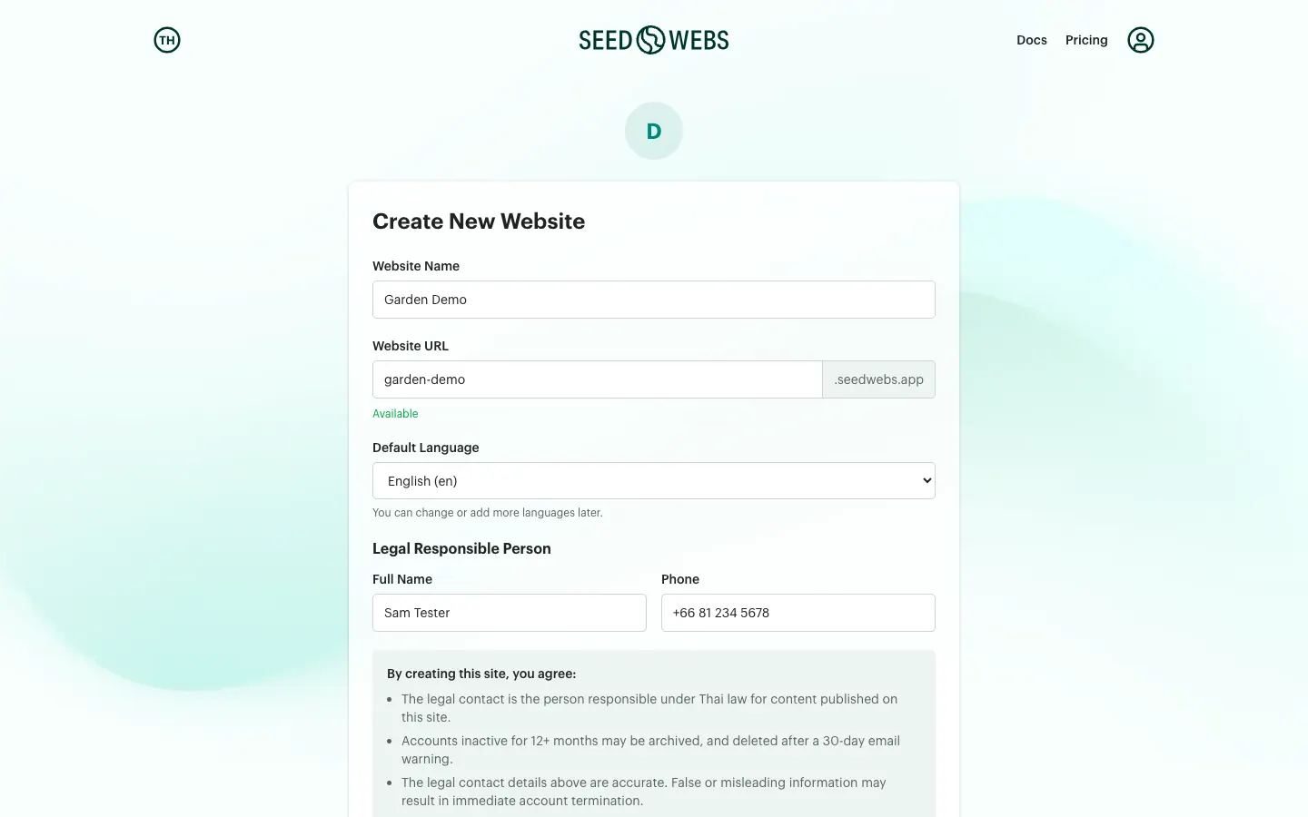 The Create New Website form with Website Name, a Website URL marked Available, Default Language and the Legal Responsible Person fields