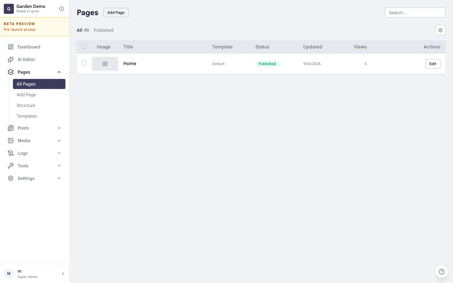 The admin panel's All Pages list with the Home row, status Published and an Edit button